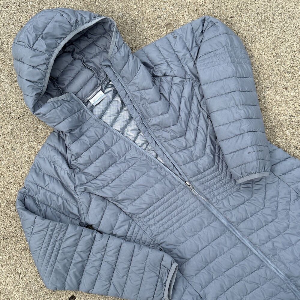 Columbia Omni Heat Puffer Coat Jacket Women's Lg Gray Hooded Long Quilted